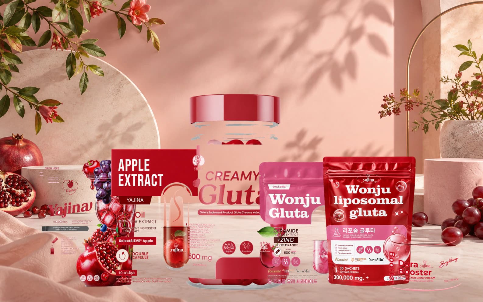 Yajina beauty wellness capsules, sachets, and body care product lineup